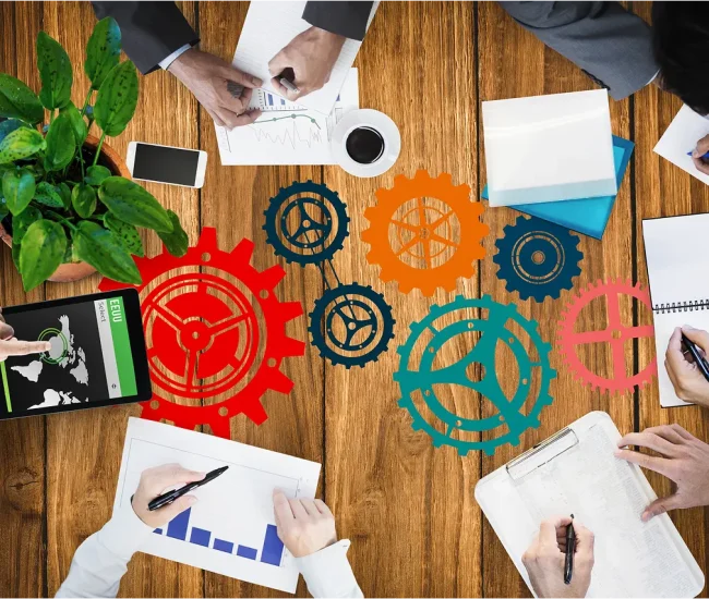 Team working on managing the business